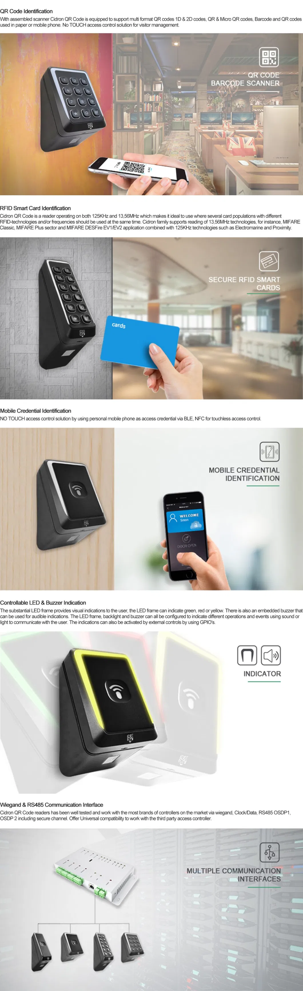 Qr Code MIFARE with BLE Bluetooth NFC RFID Smart Card Osdp Reader